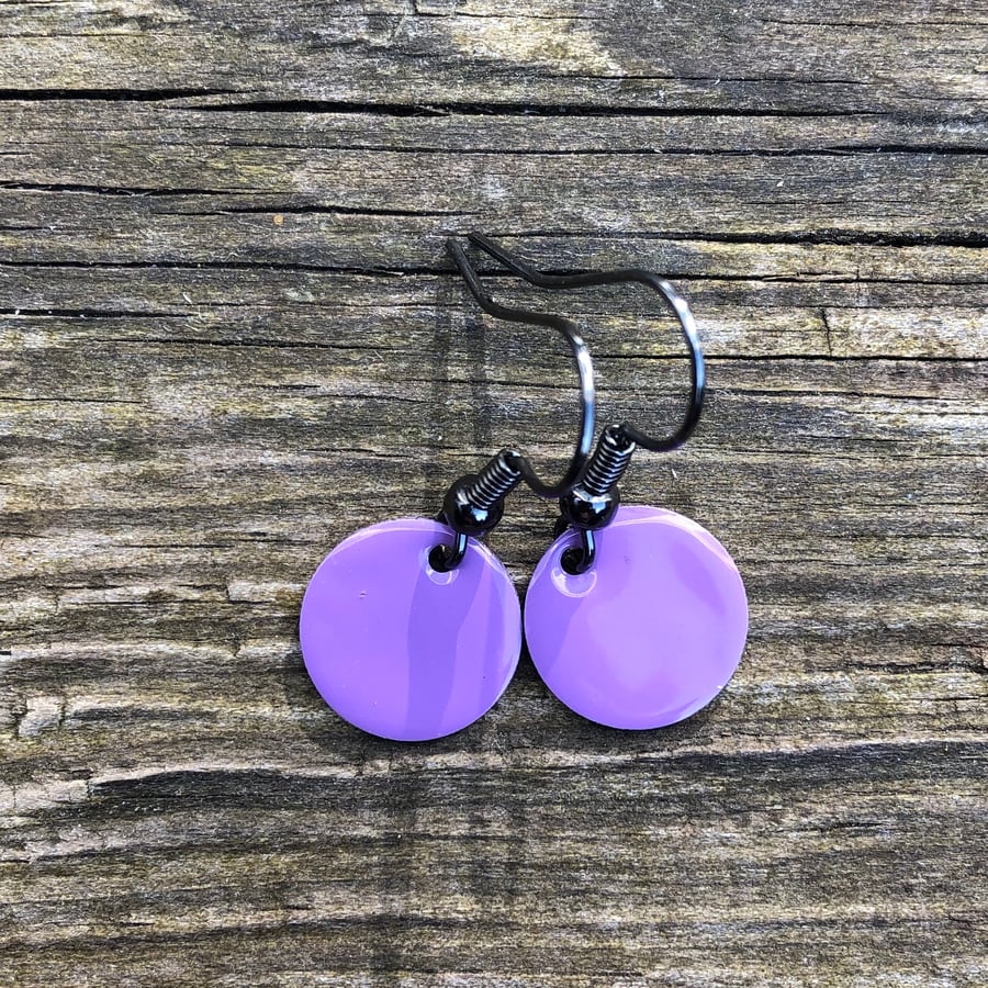 Purple enamel drop earrings. Sterling Silver upgrade available. 
