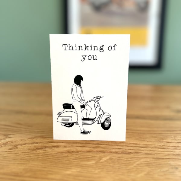Thinking of You Card - Mod Girl on a Vespa Scooter
