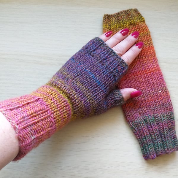 Shades of Sunset Fingerless Gloves for Women, Hand Knitted Wrist Warmers