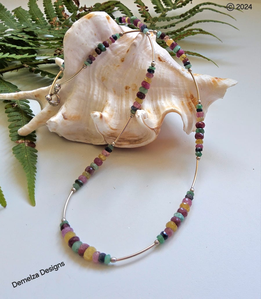 Dainty Multi Coloured Sapphire, Emerald & Ruby Sterling Silver Necklace