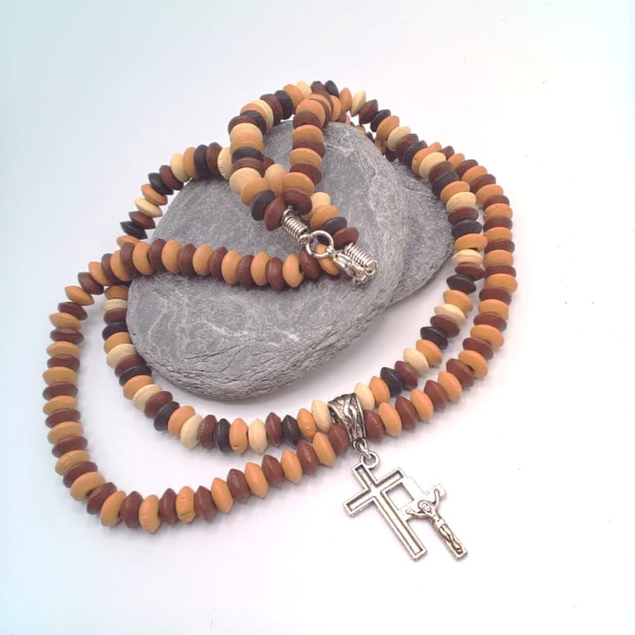 Men's  Necklace With Wooden Beads and Silver Double Cross, Gift for Him