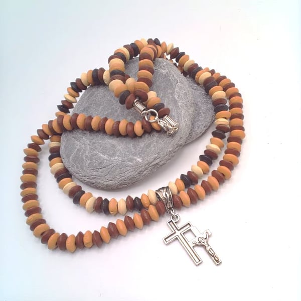 Men's  Necklace With Wooden Beads and Silver Double Cross, Gift for Him