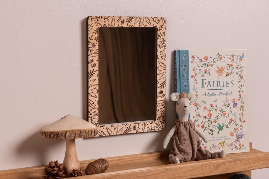 Woodland Leaf Engraved Mirror in Maple. Kid's Safety (Acrylic) Mirror
