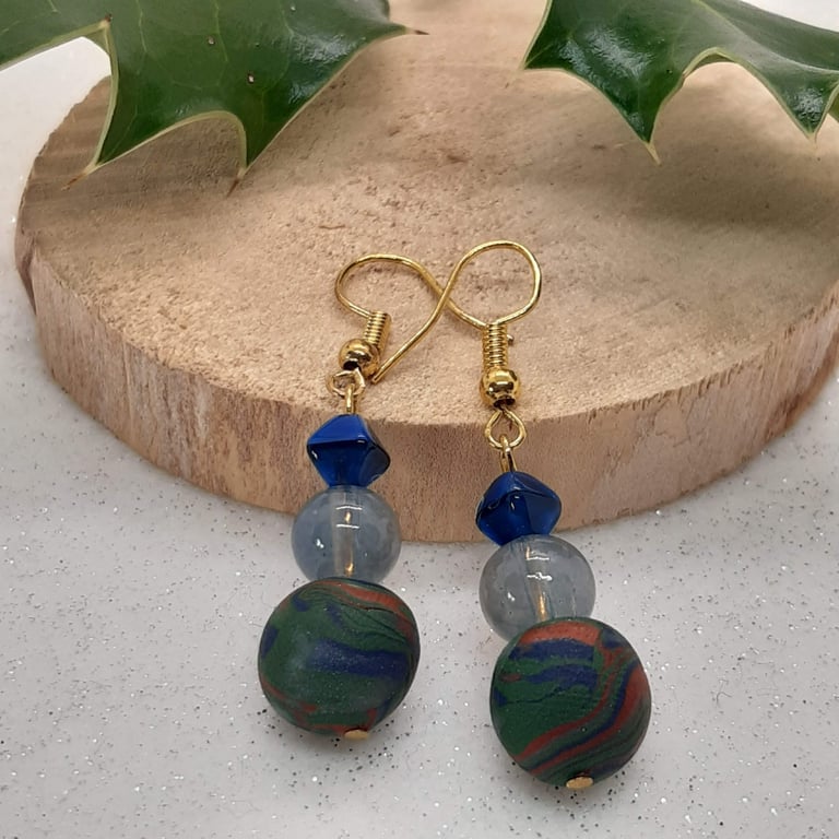 Earrings in dark sage, navy and sienna swirl