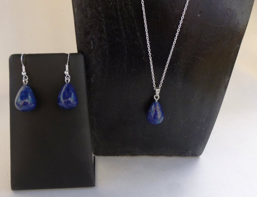 Lapis Lazuli Necklace & Earrings Set, Silver Gift for Mum December Gift