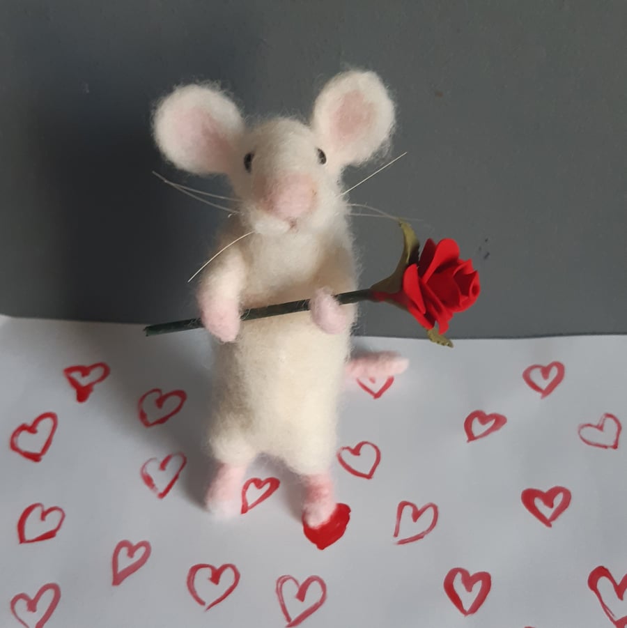 Mouse with rose, Needle felted white mouse, Valentines gift, Red rose