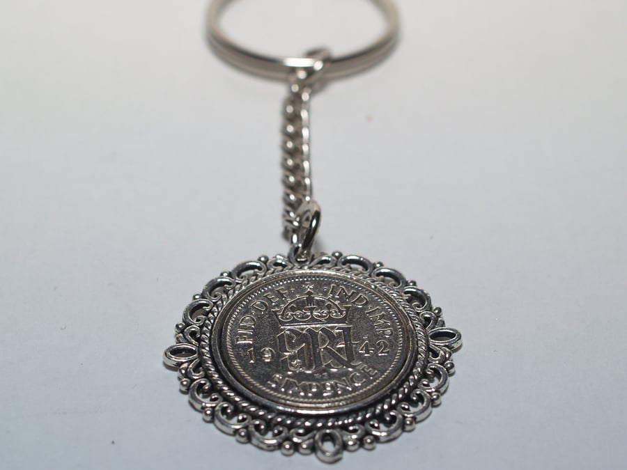 Fancy Pendant 1946 Lucky sixpence 75th Birthday on a keychain