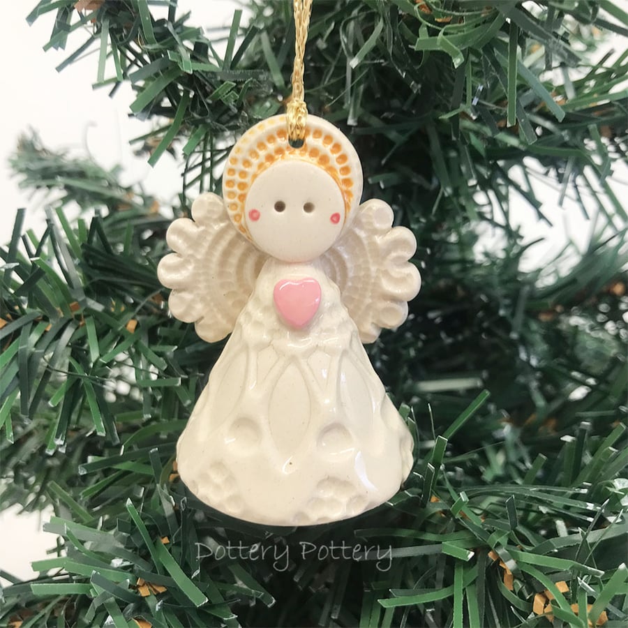 Teeny little ceramic angel Christmas angel pink heart