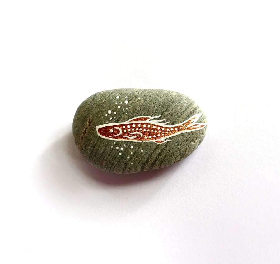 Copper Fish Stone, Handpainted Salmon River Rock Art, Fishing Gift for Him