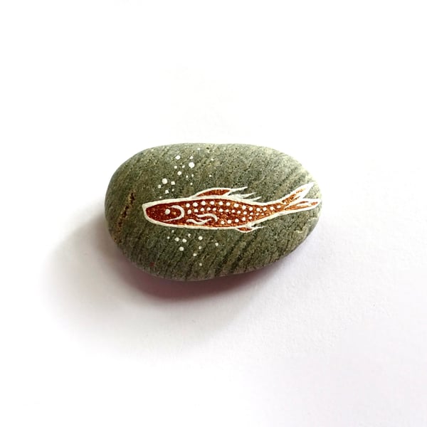 Copper Fish Stone, Handpainted Salmon River Rock Art, Fishing Gift for Him