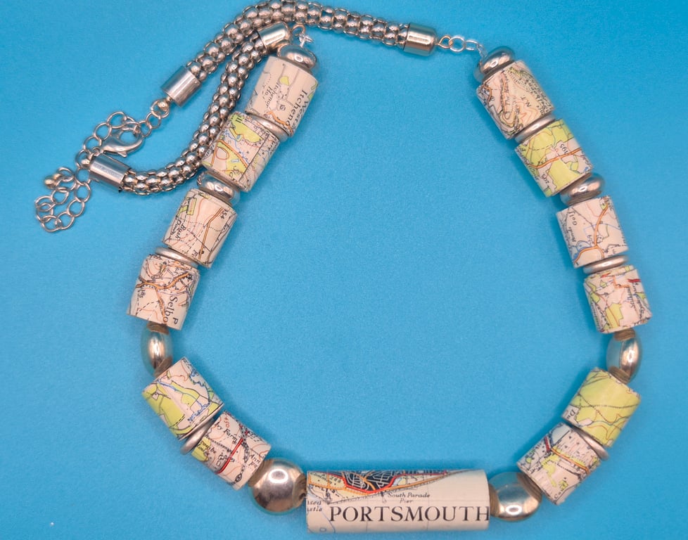 Silver and paper necklace made with old OS map of Chichester