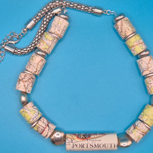 Silver and paper necklace made with old OS map of Chichester