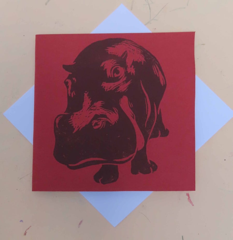 Hippo Art Greeting Card From Original Lino Cut Print Red