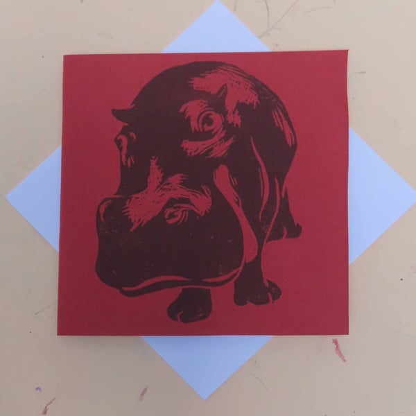 Hippo Art Greeting Card From Original Lino Cut Print Red
