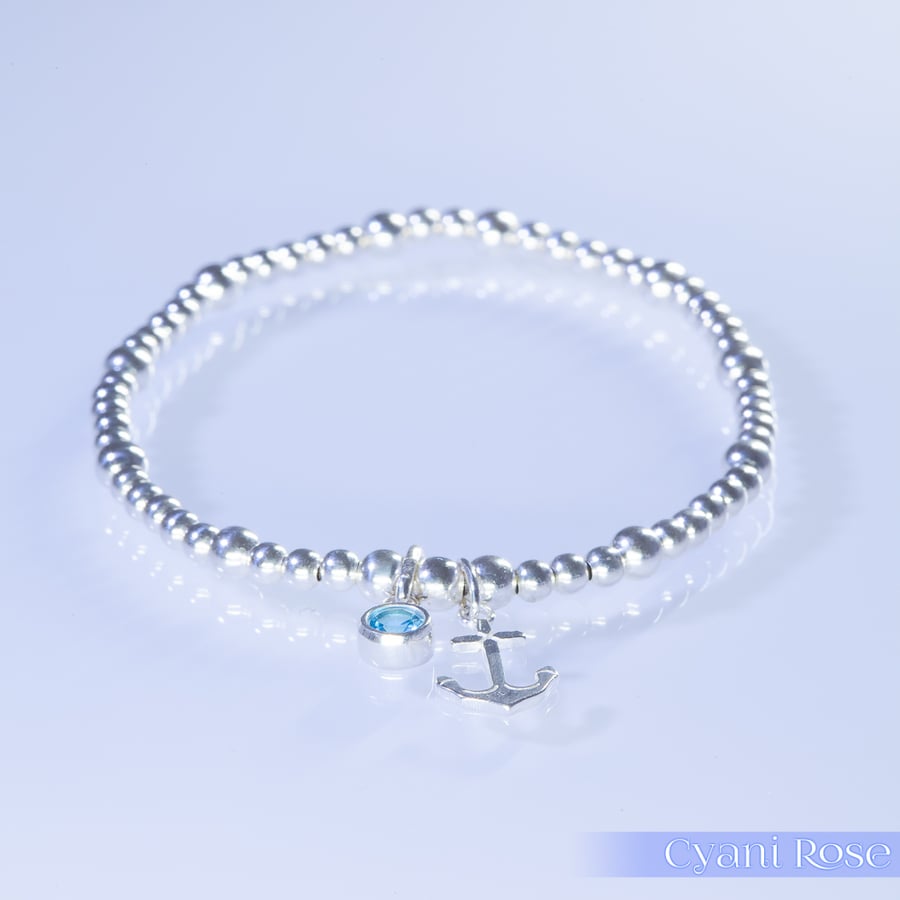 Anchor Bracelet Sterling Silver Stretchy blue glass 
