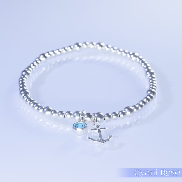 Anchor Bracelet Sterling Silver Stretchy blue glass 