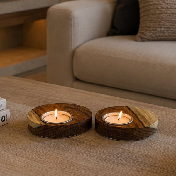 Reclaimed Acacia Wooden Tealight Candle Holders – Handmade Set of Two