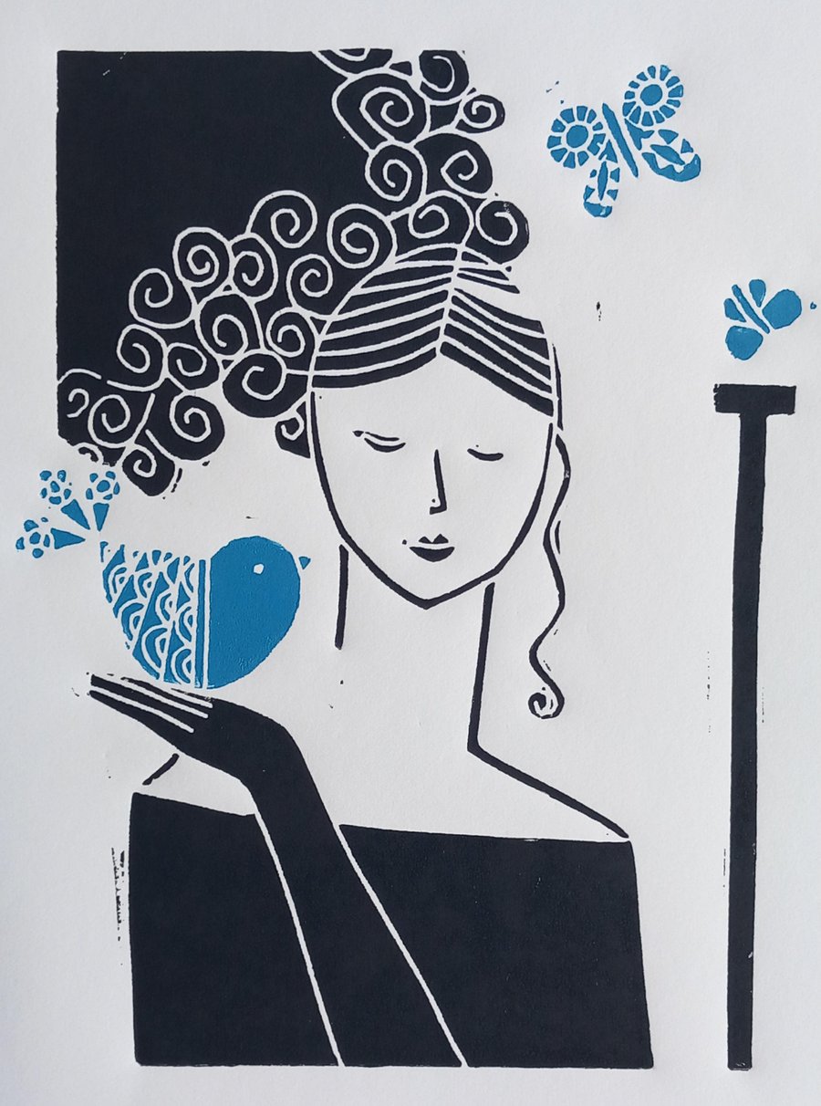 Bluebirds & Butterflies, Limited Edition Linocut, by Giuliana Lazzerini