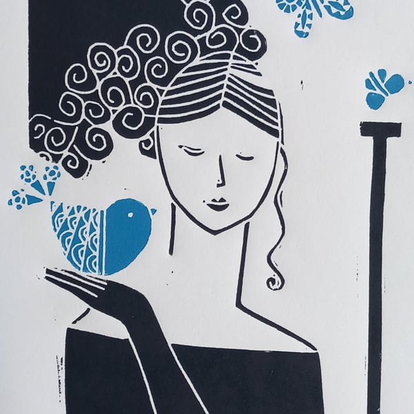 Bluebirds & Butterflies, Limited Edition Linocut, by Giuliana Lazzerini