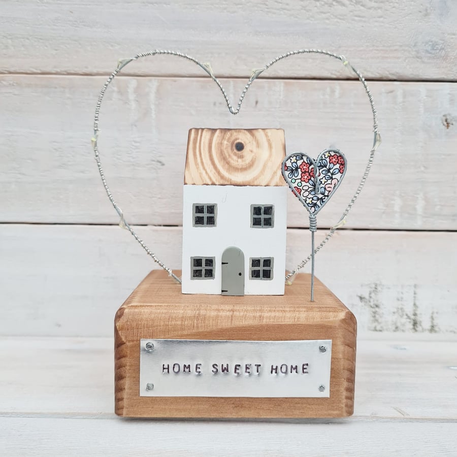 Wooden House with Fairy lights and Wire Heart