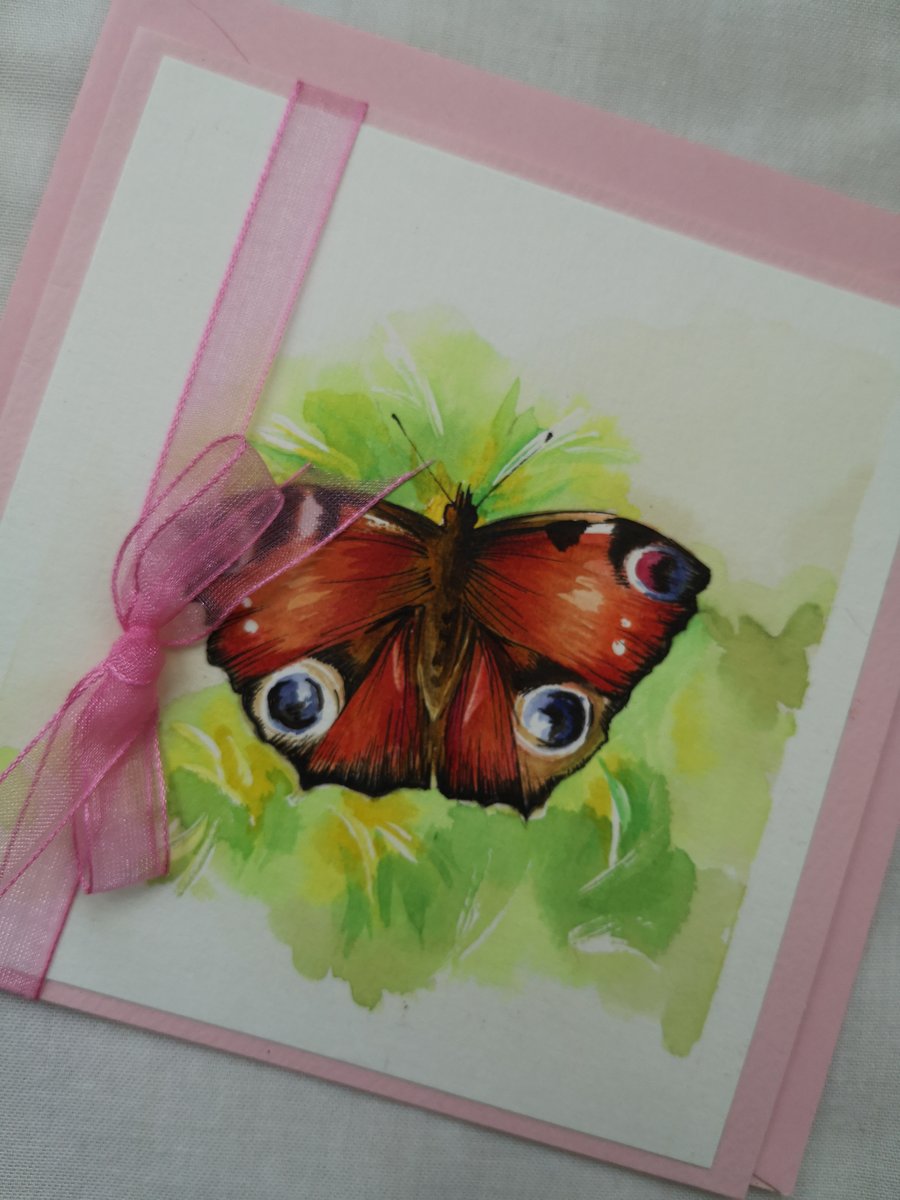 Peacock butterfly handpainted greeting card 