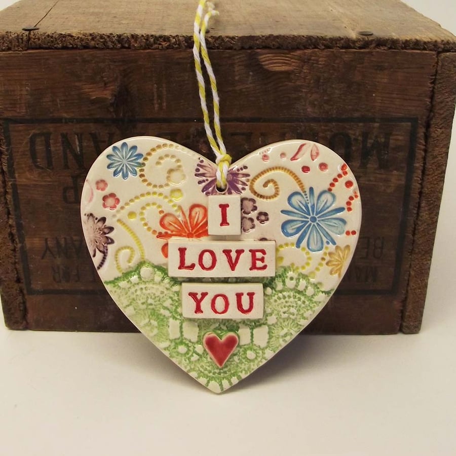 Ceramic heart decoration Pottery Lace I Love You
