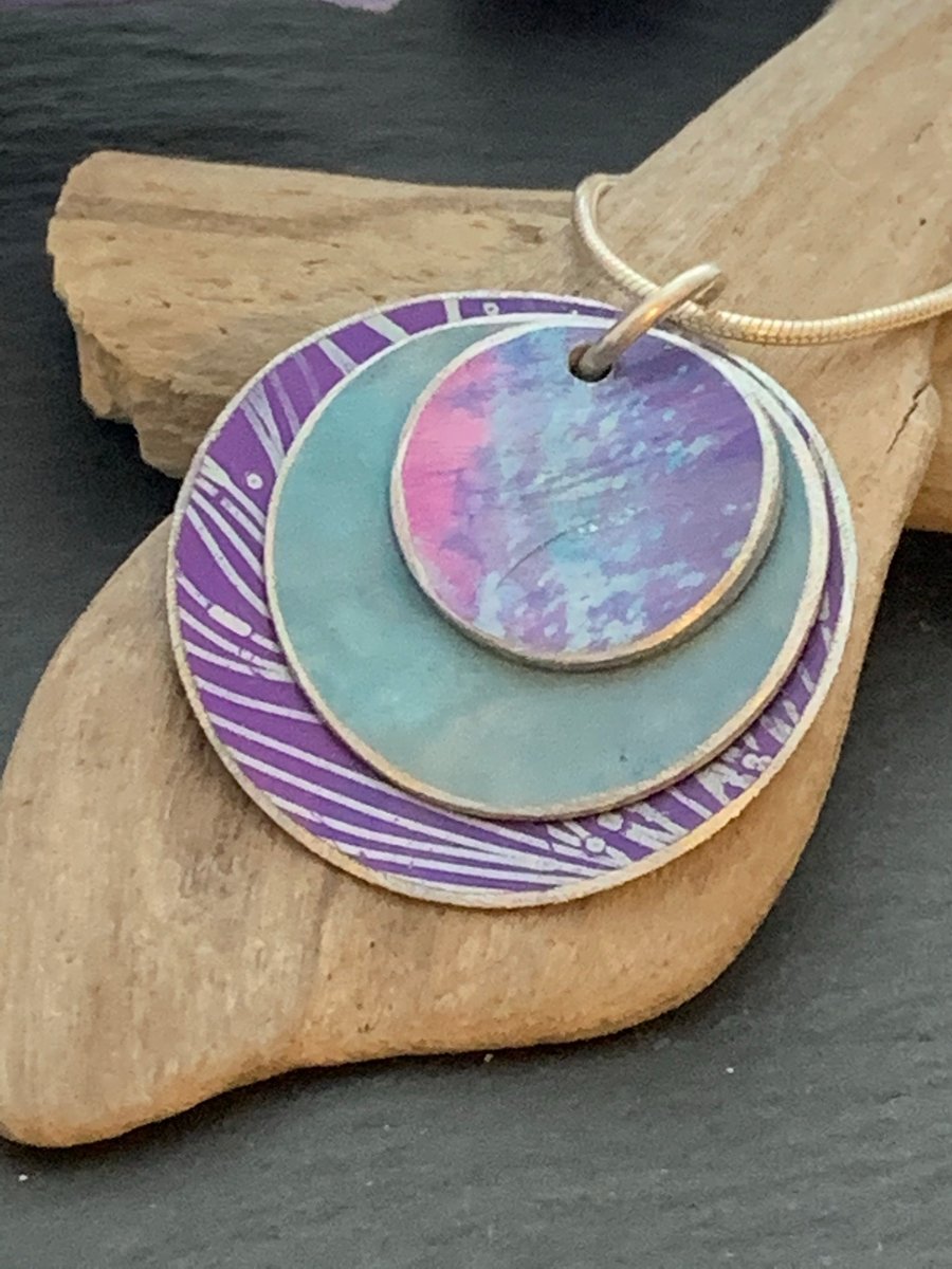 Water colour collection - hand painted aluminium pendant, purple and duck egg