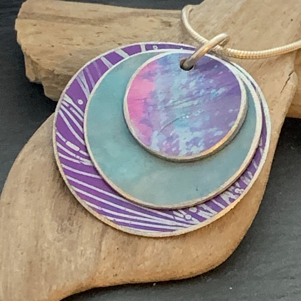 Water colour collection - hand painted aluminium pendant, purple and duck egg