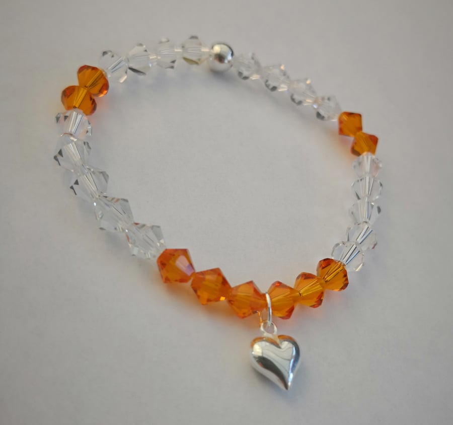 Swarovski Crystal and Sterling Silver Puff Heart Bracelet - Tangerine 
