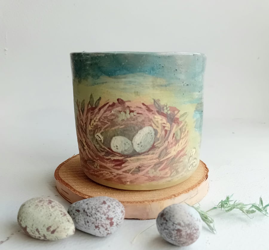 Nest cup, hand painted earthenware ceramic wood fired, organic shape