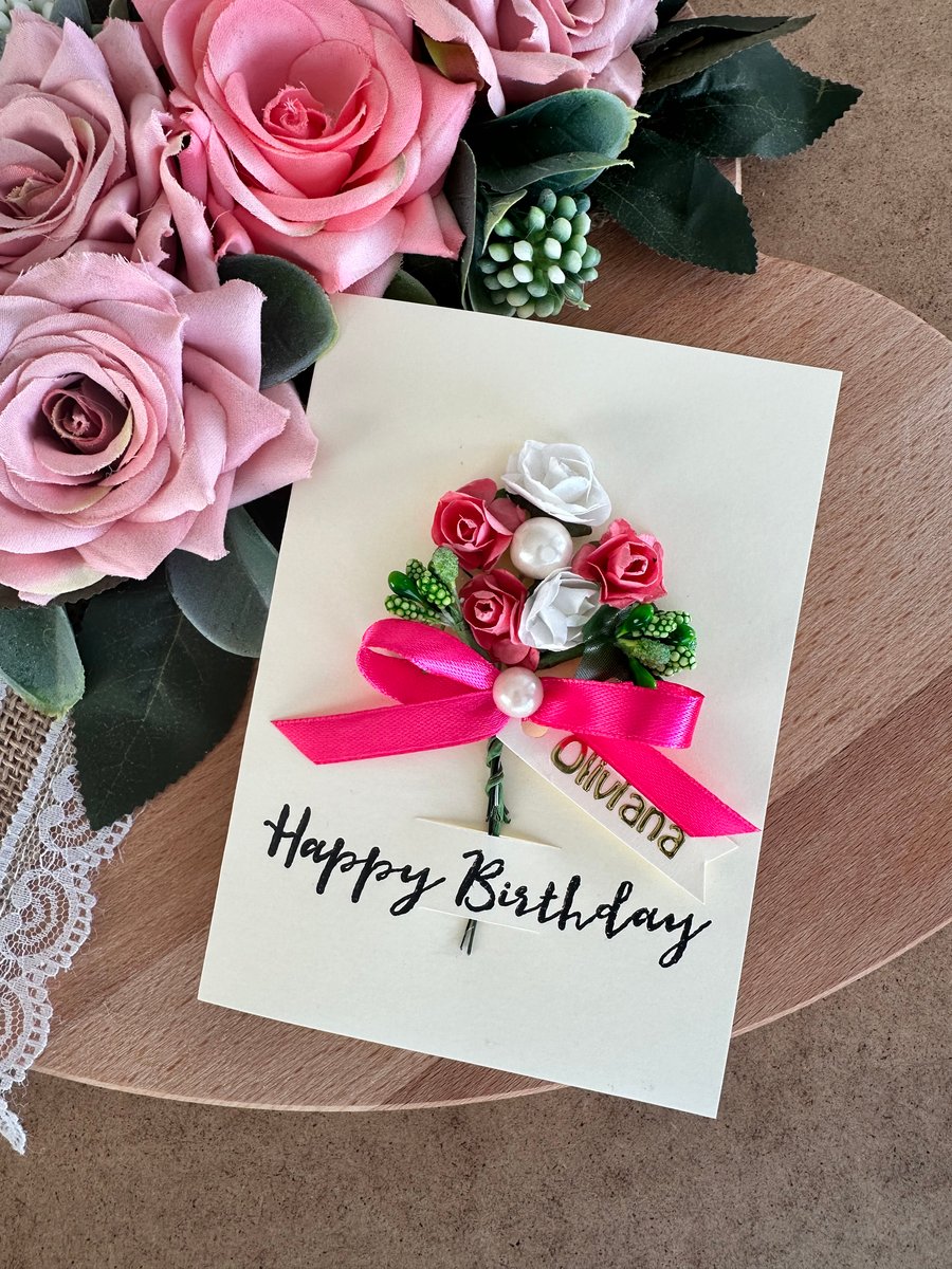 Pink flower bouquet birthday card for sister modern keepsake gift for girlfriend