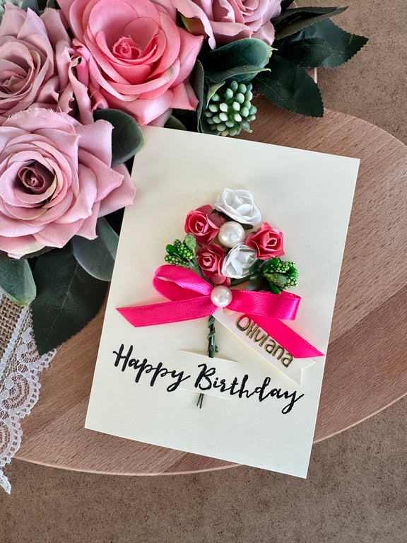 Pink floral birthday card 3D neon rose bouquet sister keepsake greetings