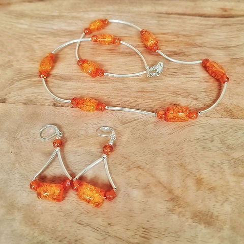 Orange & Silver Necklace & Earrings Set