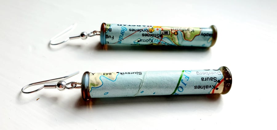 Long,  thin, tubular paper beaded earrings made with an old map of Norway