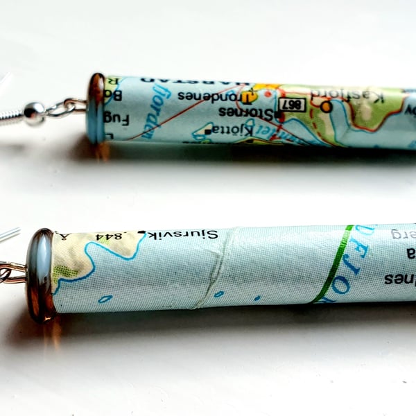 Long,  thin, tubular paper beaded earrings made with an old map of Norway