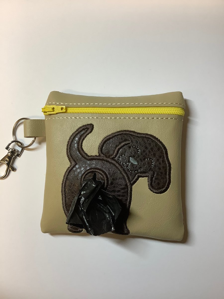 Lovely  Chocolate Lab Embroidered Beige faux leather dog poo bag dispenser,