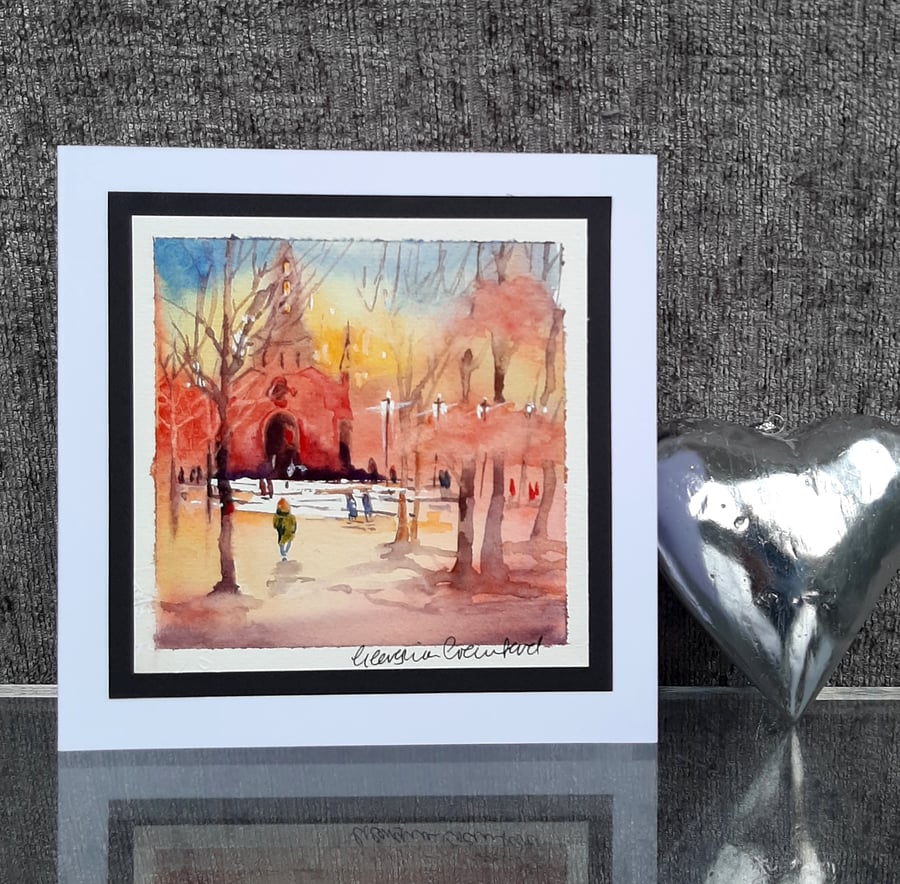 Handpainted Blank Card. Handmade. Letterbox Gift. Sunset Cathedral Walk
