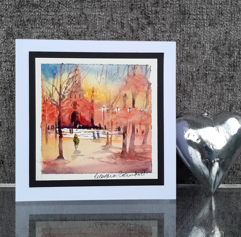 Handpainted Blank Card. Handmade. Letterbox Gift. Sunset Cathedral Walk