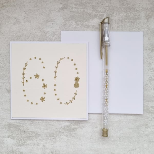 60th Hand Embroidered Birthday Card