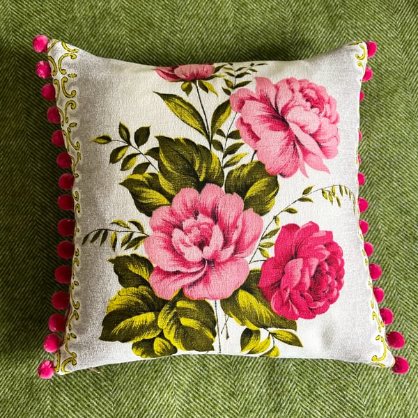 Vintage Rose barkcloth cushion cover with linen back and pink pompoms