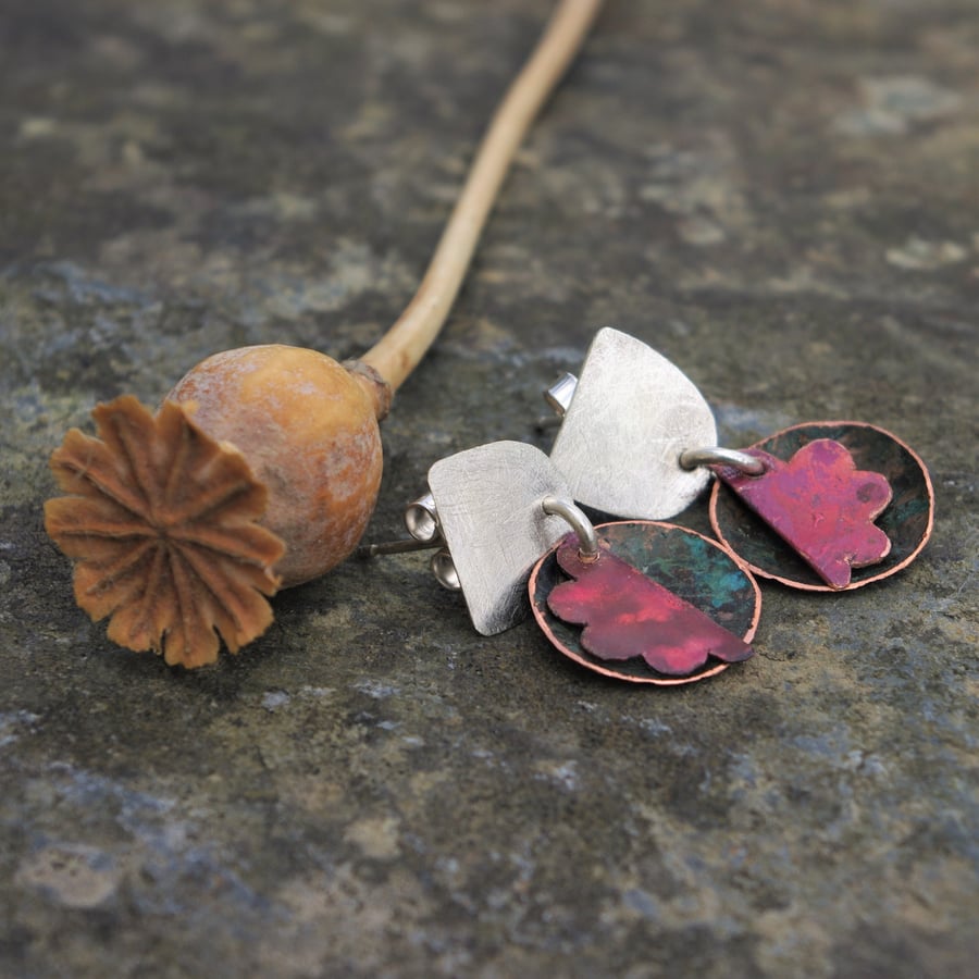 Eco Silver and Copper Poppy inspired Earrings