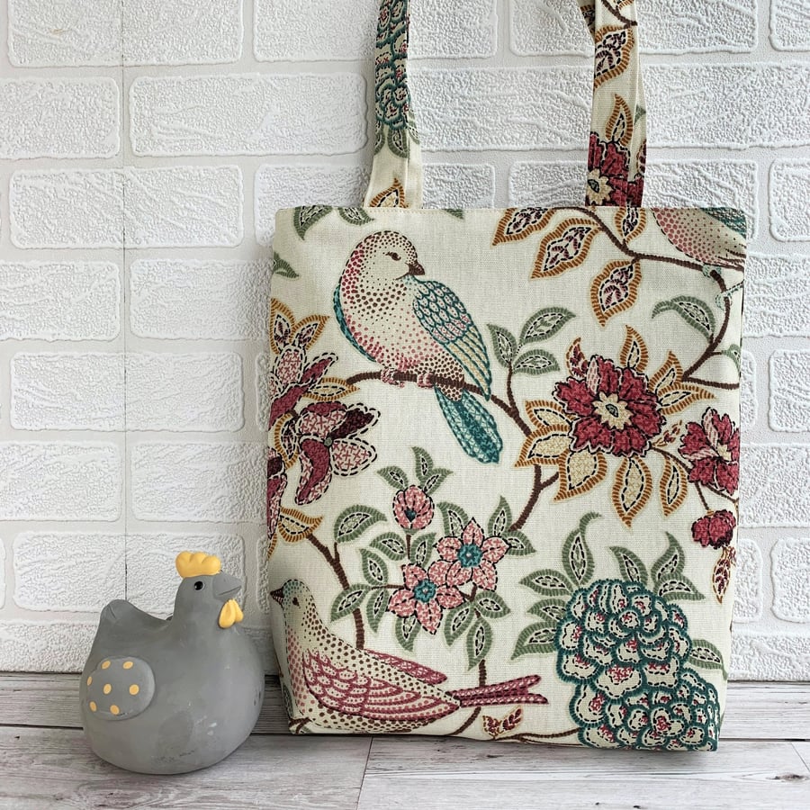 Birds and floral print fabric tote bag
