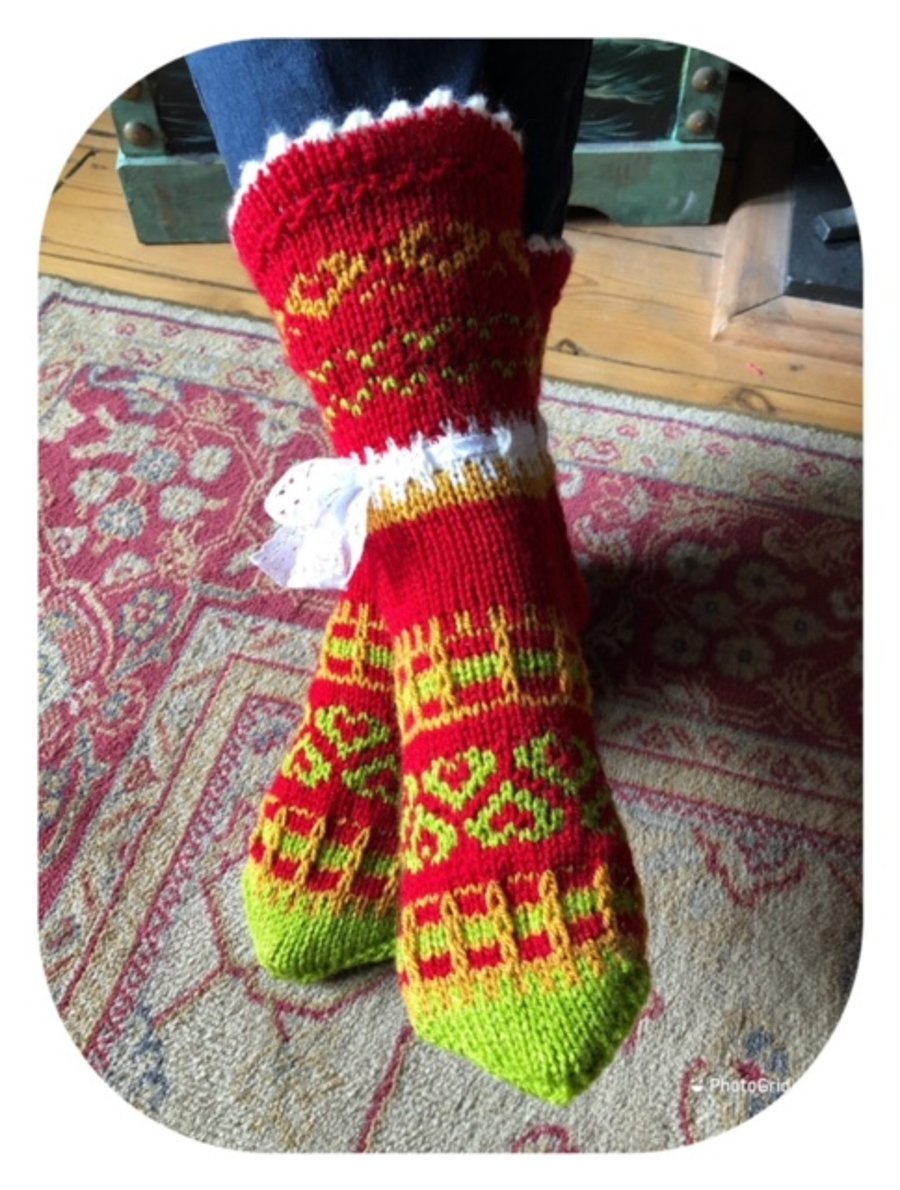 Red and Green hand knitted Fairisle slipper socks