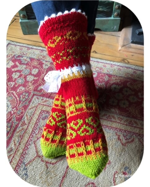 Red and Green hand knitted Fairisle slipper socks