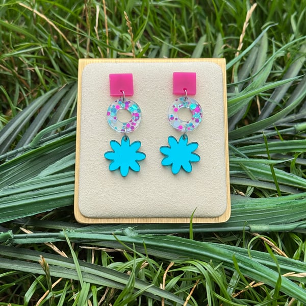 Confetti Loop and Teal Daisy Dangle Earrings