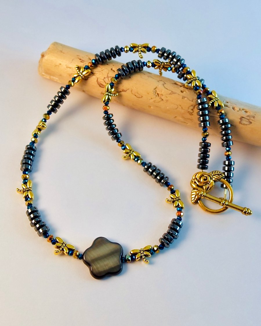Hematite Necklace With Dragonflies, Mother's Day, Birthday, Anniversary Gifts