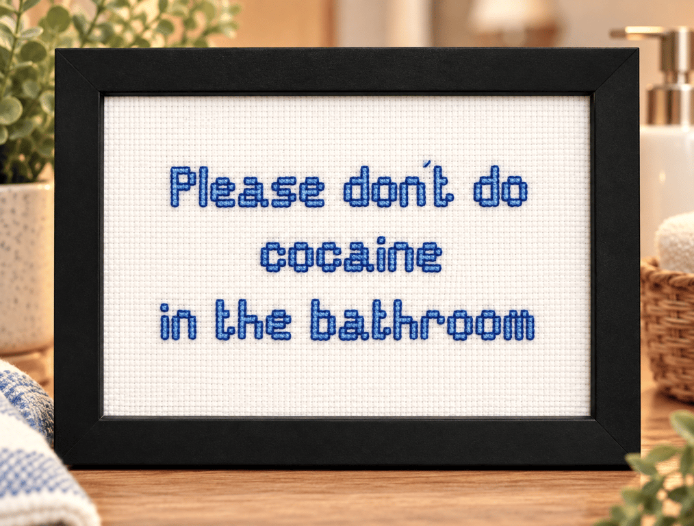 Funny Handmade Framed Cross-Stitch – Please Don't Do Cocaine in the Bathroom 