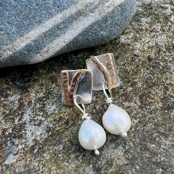  Silver and Gold Coastal Stud Earrings with Freshwater Pearl