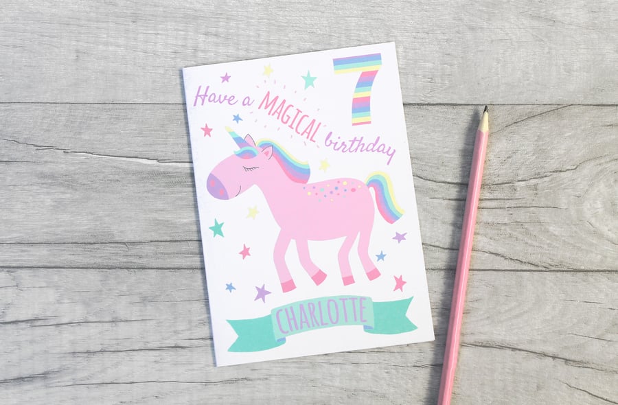 Unicorn 4th, 5th, 6th, 7th, 8th, 9th Personalised Birthday Card.