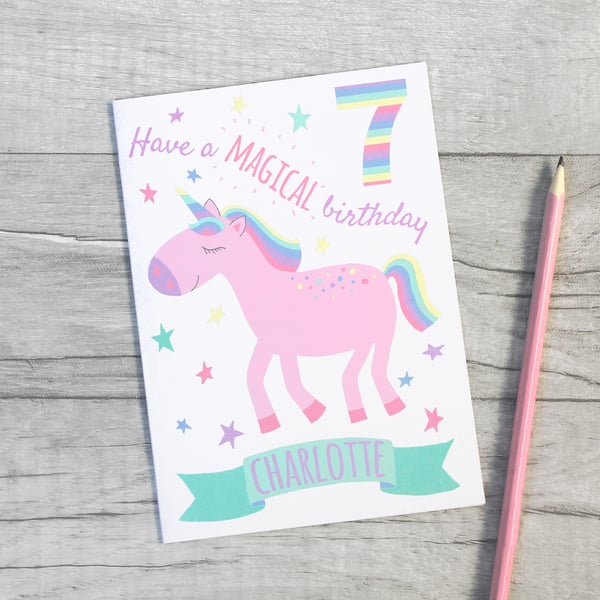 Unicorn 4th, 5th, 6th, 7th, 8th, 9th Personalised Birthday Card.
